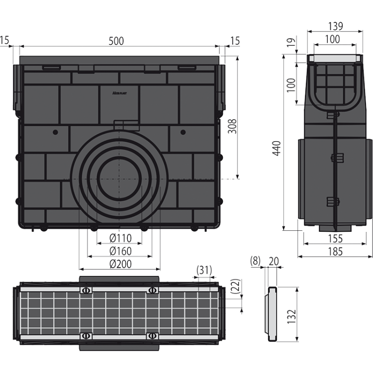 Пескоуловитель для дренажного канала AVZ102 с пластиковой рамой и оцинкованной решеткой B125 Alcadrain AVZ102R-R103S