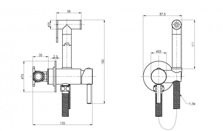 Смеситель для гигиенического душа со штуцером и держателелем, шланг металлизированный 120 см, душ гигиенический Cezares CZR-SET-DA1-ID2-FMM120-NOP