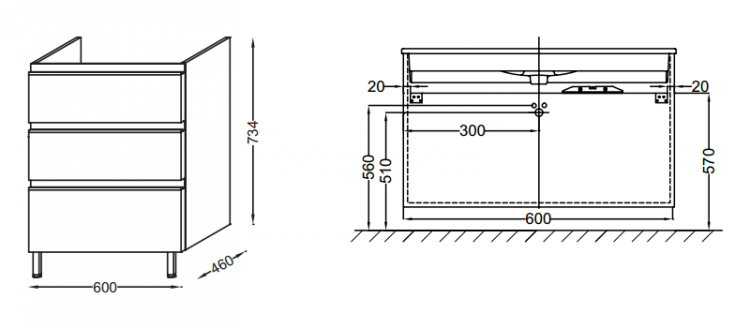 Тумба под раковину Jacob Delafon Vox 60 3 ящика прямые ручки