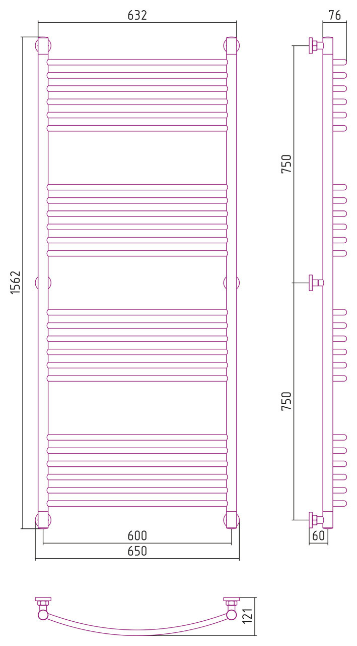 Полотенцесушитель водяной Сунержа Богема+ выгнутая 1500х600 Матовый белый
