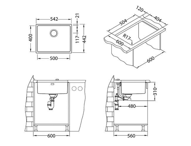 Мойка KOMBINO 50 MONARCH ANTRACITE SAT-90 542X442X195 U  в компл. с выпуском без сифона,