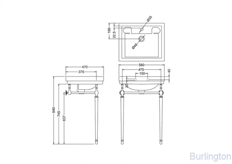 Раковина 58 см на 3 отверстия с хромированным подстольем