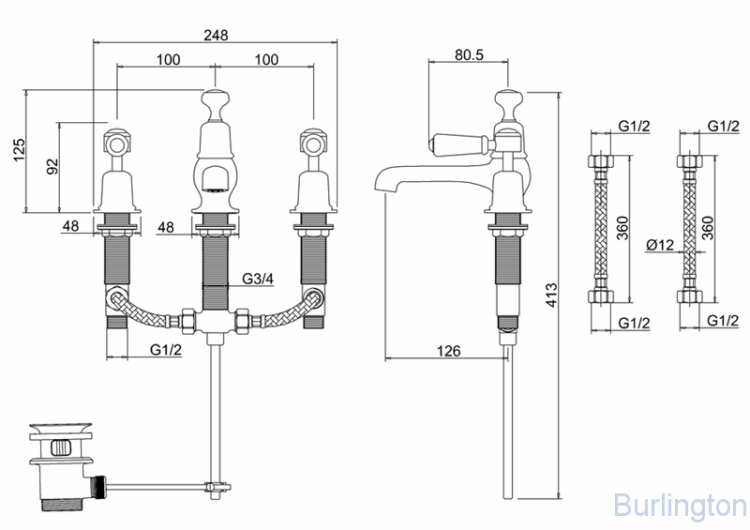 Смеситель для раковины на 3 отверстия с донным клапаном [KE12 BLA]