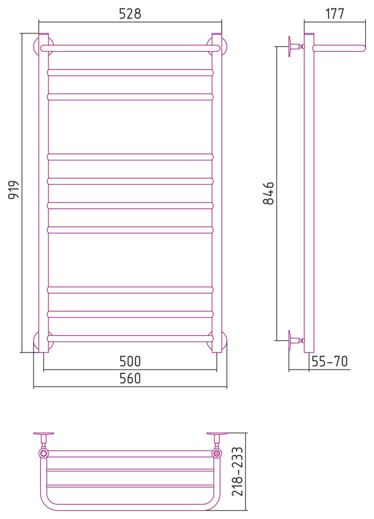 Полотенцесушитель водяной Стилье Универсал-57 1000х500 (Полка +2+4+3) П 18 Без покрытия