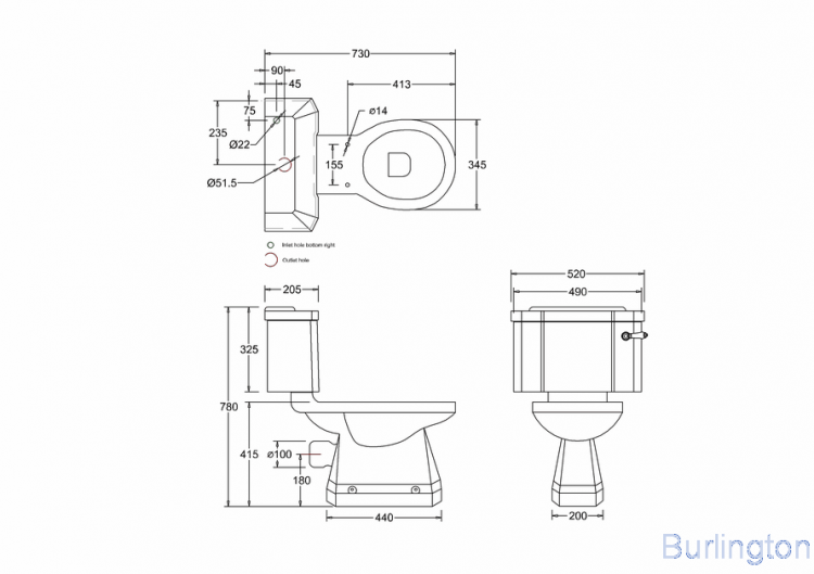 Унитаз-моноблок с керамической ручкой слива, бачок 51см