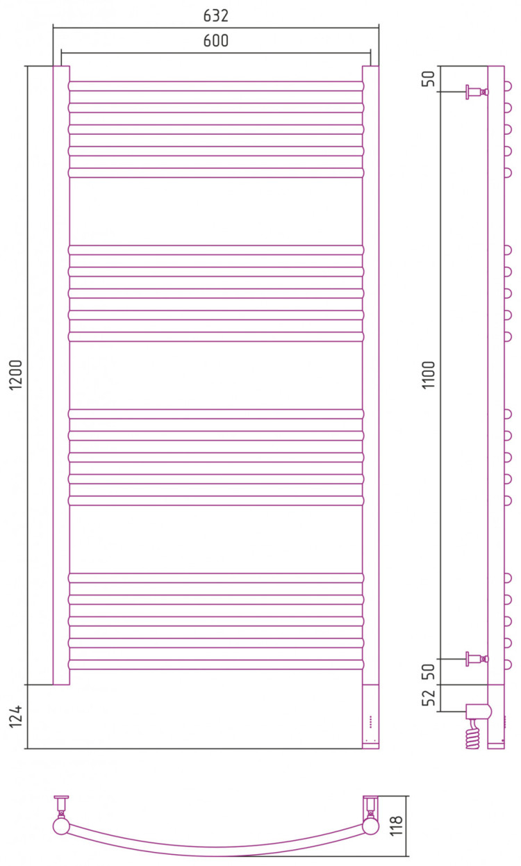 Полотенцесушитель электрический Сунержа Богема 3.0 выгнутая 1200х600 МЭМ правый Матовое золото
