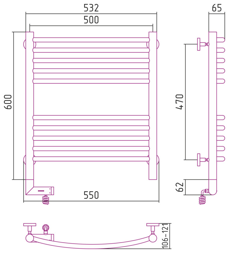 Полотенцесушитель электрический Сунержа Богема 2.0 выгнутая 600х500 МЭМ левый Без покрытия