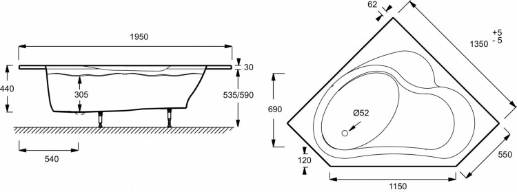 Угловая левосторонняя ванна-душ 135 х 135 см Jacob Delafon BAIN-DOUCHE E6220-00