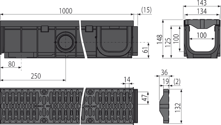Дренажный канал 100 мм с пластиковой рамой и решеткой из композитного материала B125 Alcadrain AVZ104-R402