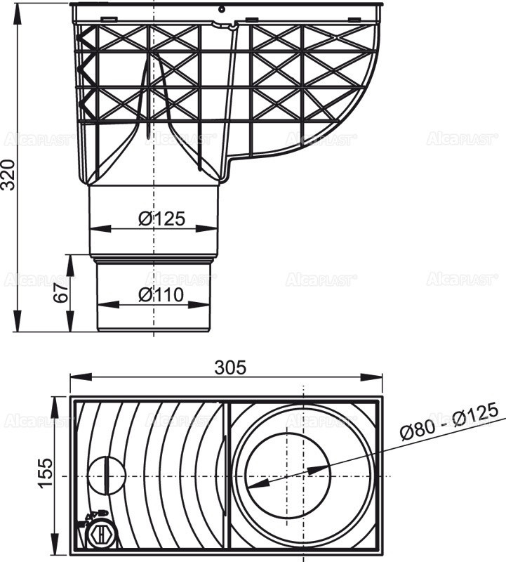 Ливнеотвод 300×155/125/110 мм, сток – прямой, серый Alcadrain AGV4S