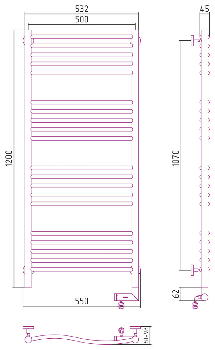 Полотенцесушитель электрический Сунержа Флюид 2.0 1200х500 МЭМ правый Без покрытия