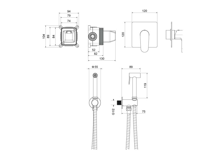 Набор с гигиеническим душем (смеситель + гигиеническая лейка + шланг + шланговое подсоединение с держателем) Aquatek AQ1219CR ОБЕРОН