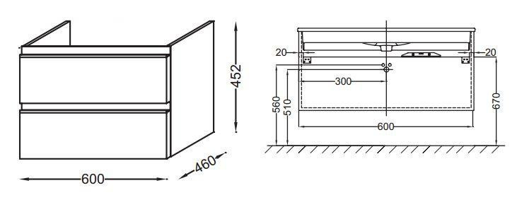 Тумба под раковину Jacob Delafon Vox 60 подвесная 2 ящика прямые ручки