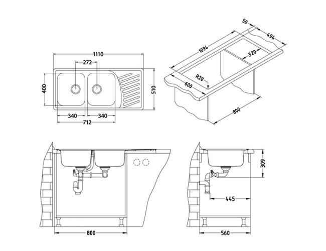 Мойка ELEGANT 70 SAT-90 1110X510 в комплекте с сифоном 1130555,