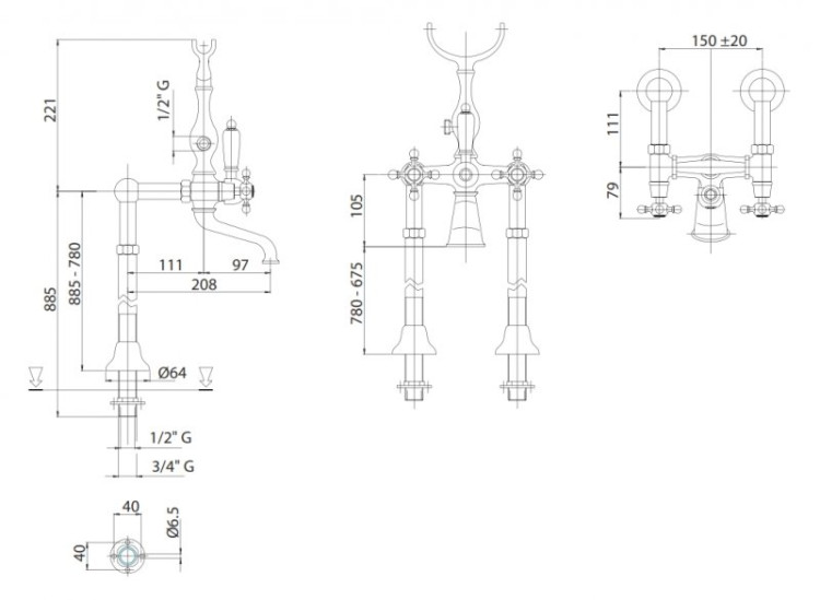 Напольный смеситель для ванны с ручным душем Cezares LORD-VDP-03/24-M