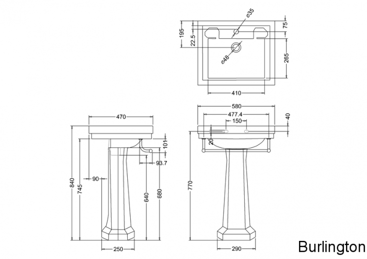 Раковина 58 см на 3 отверстия, c пьедесталом и полотенцедержателем