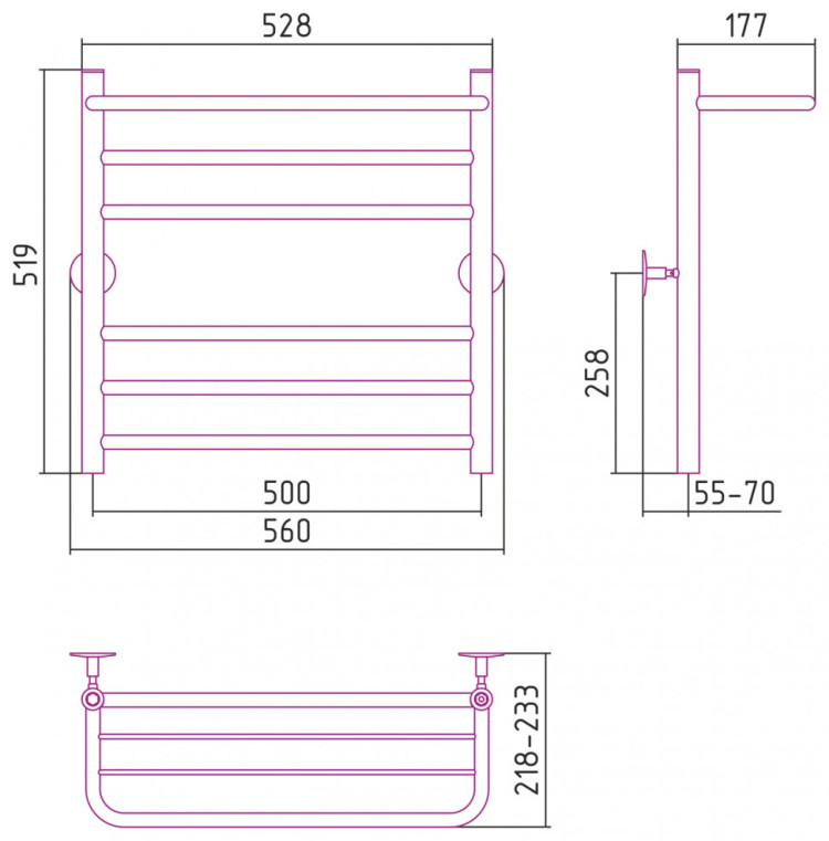 Полотенцесушитель водяной Стилье Универсал-57 600х500 (Полка +2+3) П 18 Без покрытия