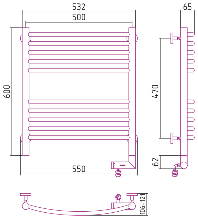Полотенцесушитель электрический Сунержа Богема 2.0 выгнутая 600х500 МЭМ правый Без покрытия
