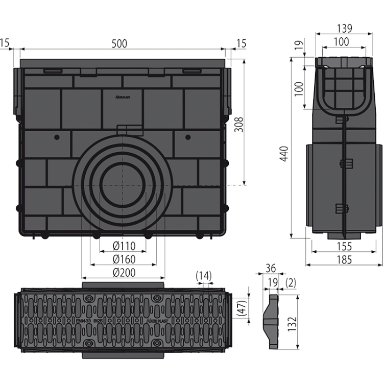 Пескоуловитель для дренажного канала AVZ104 с пластиковой рамой и решеткой из композитного материала B125 Alcadrain AVZ104R-R402