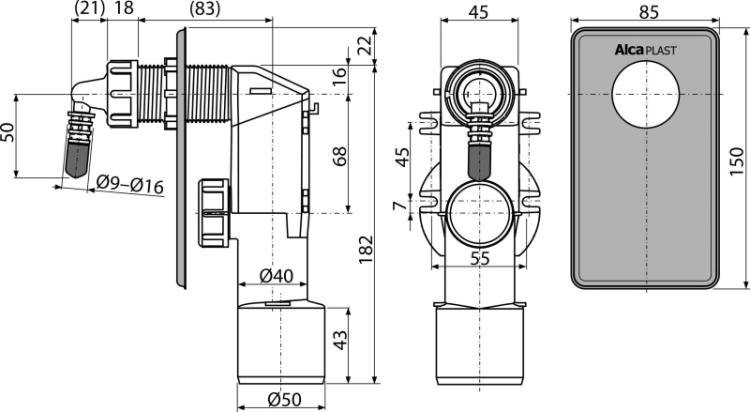 Сифон для сбора конденсата под штукатурку DN40 и DN50, нержавеющая сталь Alcadrain AKS7