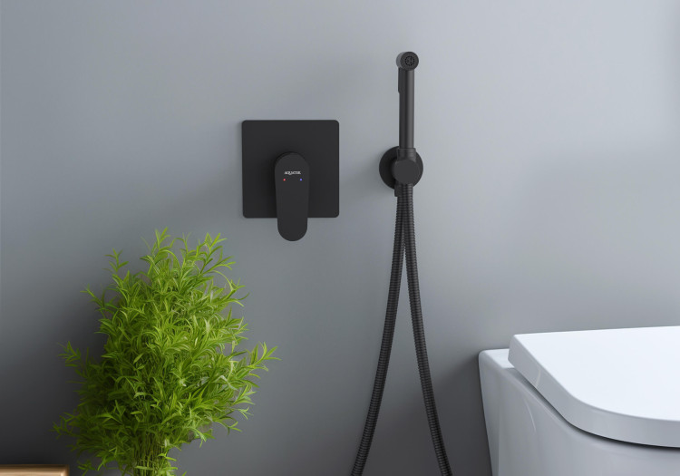 Набор с гигиеническим душем (смеситель + гигиеническая лейка + шланг + шланговое подсоединение с держателем) Aquatek, матовый черный AQ1219MB ОБЕРОН