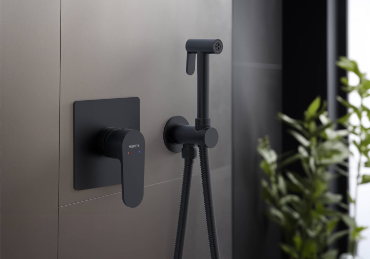 Набор с гигиеническим душем (смеситель + гигиеническая лейка + шланг + шланговое подсоединение с держателем) Aquatek, матовый черный AQ1219MB ОБЕРОН