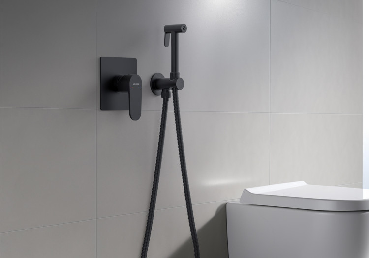 Набор с гигиеническим душем (смеситель + гигиеническая лейка + шланг + шланговое подсоединение с держателем) Aquatek, матовый черный AQ1219MB ОБЕРОН