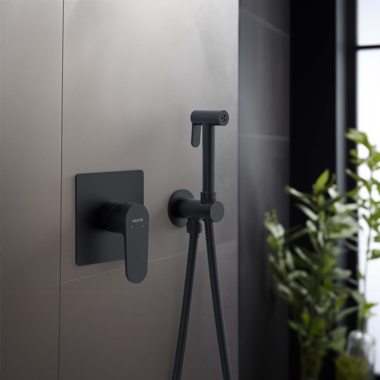 Набор с гигиеническим душем (смеситель + гигиеническая лейка + шланг + шланговое подсоединение с держателем) Aquatek, матовый черный AQ1219MB ОБЕРОН