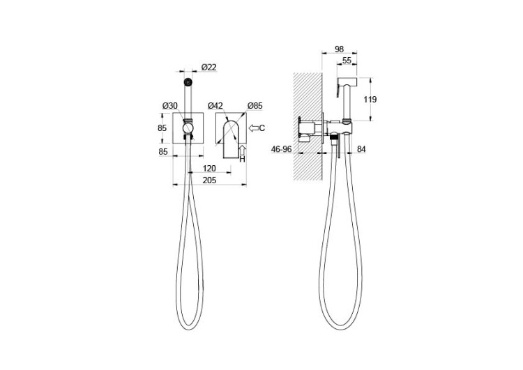 Комплект для гигиенического душа встроенный 2 отв. (смеситель + гигиеническая лейка + шланг) Aquatek, матовый черный AQ1420MB ЛИРА