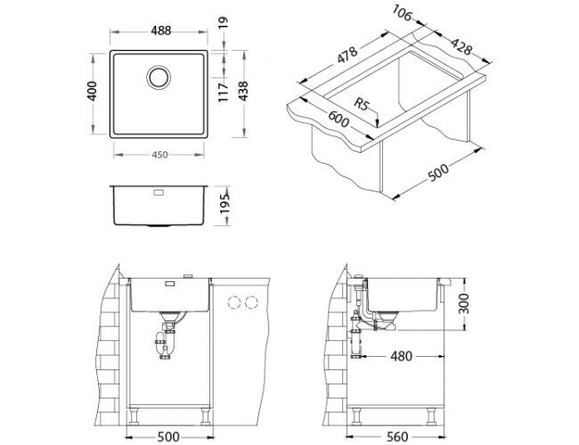 Мойка KOMBINO 40 KMB 90 FI 488X438 F/S в комплекте с сифоном 1130550,