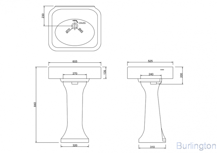 Раковина 600mm с пьедесталом, никель