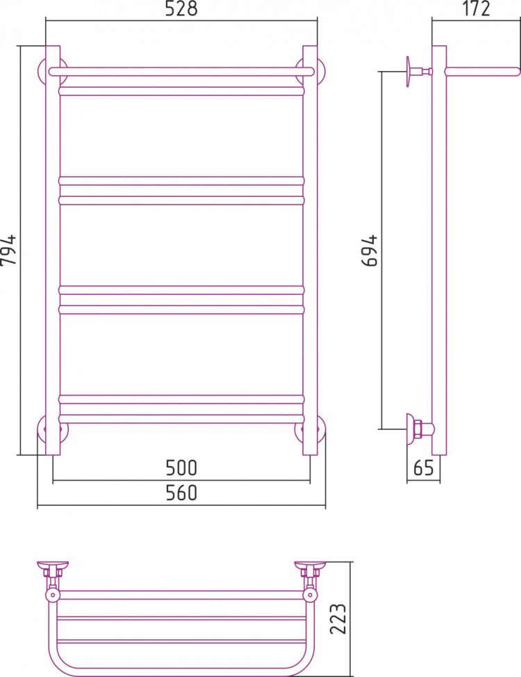 Полотенцесушитель водяной Стилье Версия-Н1 800х500 (Полка+1+2+2+2) П 16 Без покрытия