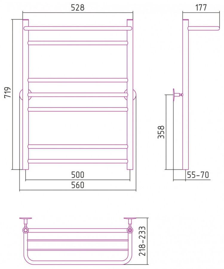 Полотенцесушитель водяной Стилье Универсал-57 800х500 (Полка +1+3+2) П 18 Без покрытия