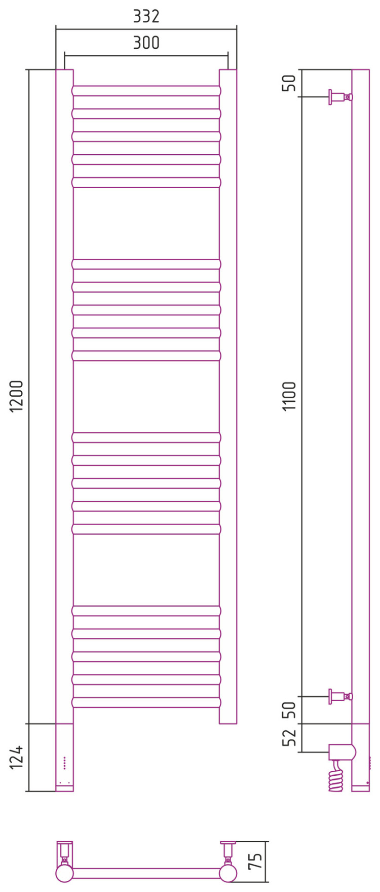 Полотенцесушитель электрический Сунержа Богема 3.0 прямая 1200х300 МЭМ левый Матовое золото