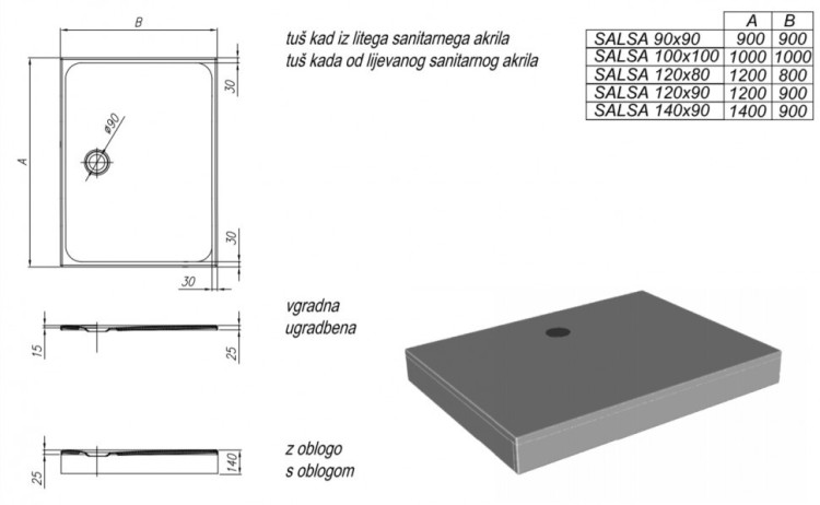 Акриловый поддон для душа Kolpa San Salsa 120x90x14