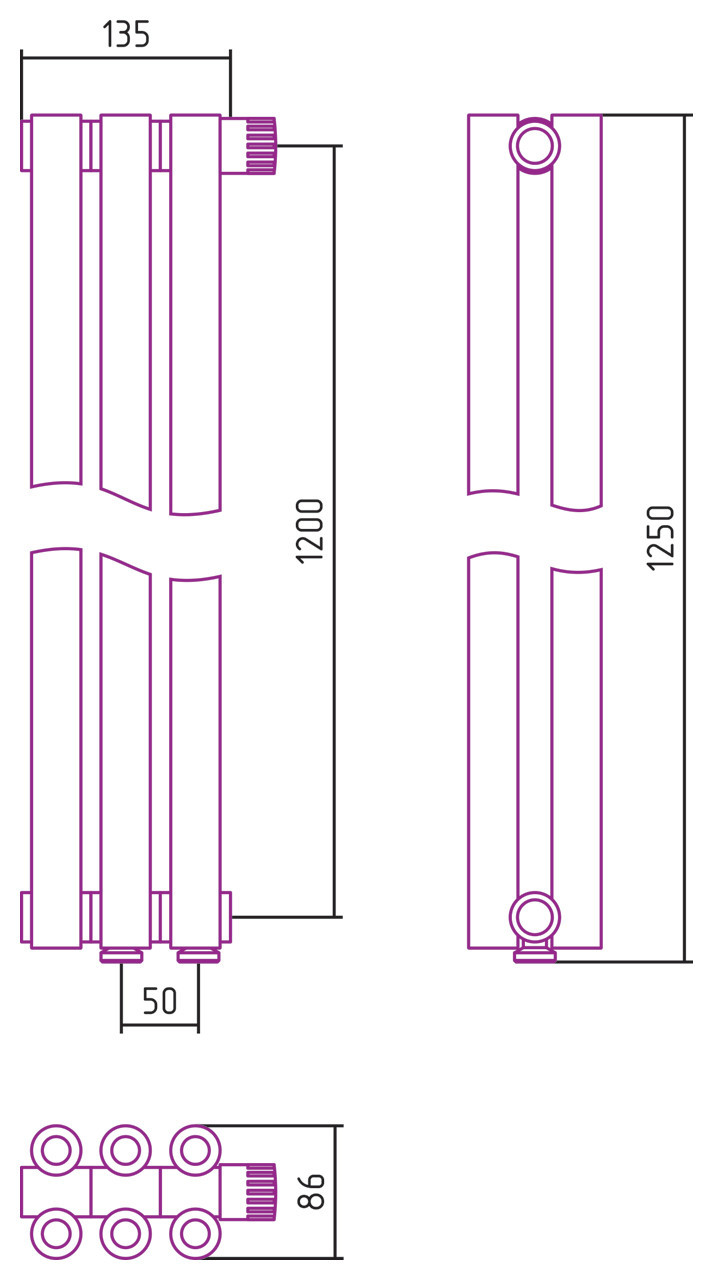 Отопительный радиатор Сунержа Эстет-00 EU50 1200х135 3 секции Сатин