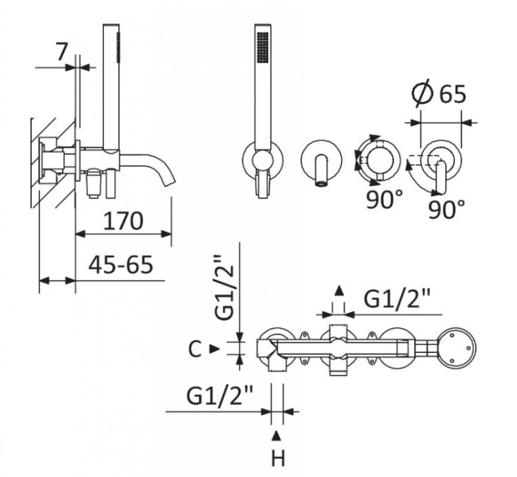 Встраиваемый смеситель для ванны и душа с переключателем на 3 выхода Cezares LEAF-VDIM3-D-L-NOP