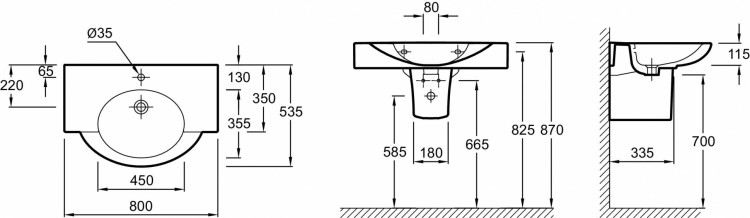 Полувстраиваемая раковина со столешницей (80 x 35/53,5 см) Jacob Delafon PRESQU'ILEE1343-00