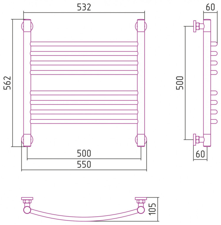 Полотенцесушитель водяной Сунержа Богема+ выгнутая 500х500 Без покрытия