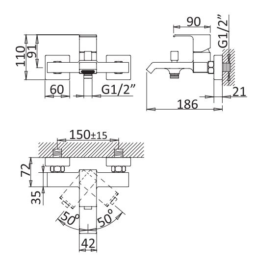 Смеситель для ванны и душа однорычажный, в комплекте с ручным душем, шлангом и держателем Cezares PORTA-VM-NOP