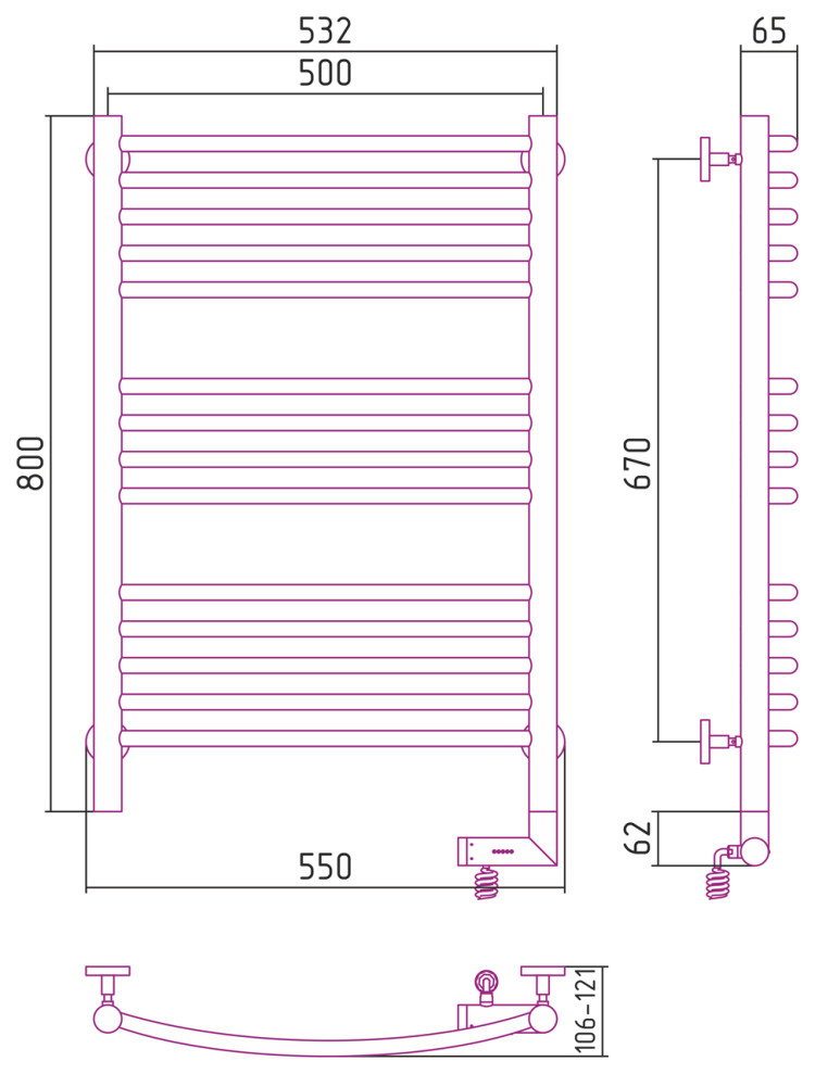 Полотенцесушитель электрический Сунержа Богема 2.0 выгнутая 800х500 МЭМ правый Сатин