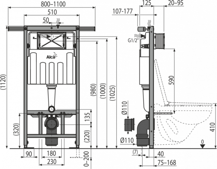 Скрытая система инсталляции ECOLOGY для сухой установки (при реконструкции ванных комнат в панельных домах) Alcadrain AM102/1120E Jádromodul