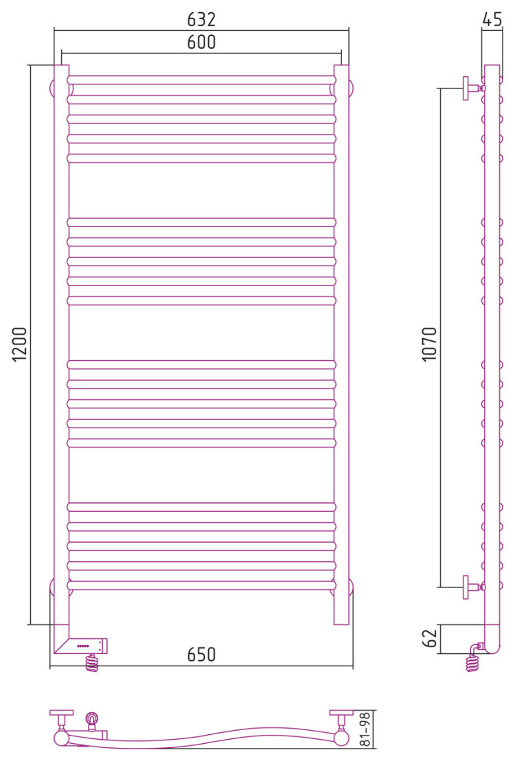 Полотенцесушитель электрический Сунержа Флюид 2.0 1200х600 МЭМ левый Без покрытия