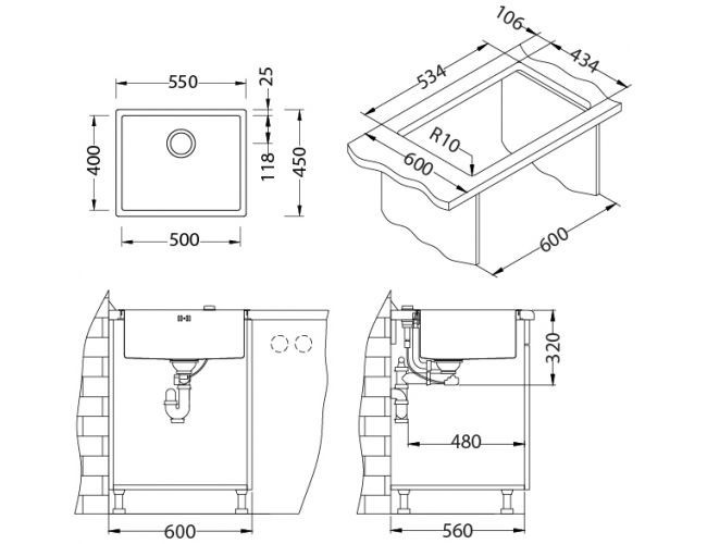 Мойка QUADRIX MONARCH 50 COPPER 550X450 в компл. с выпуском без сифона,
