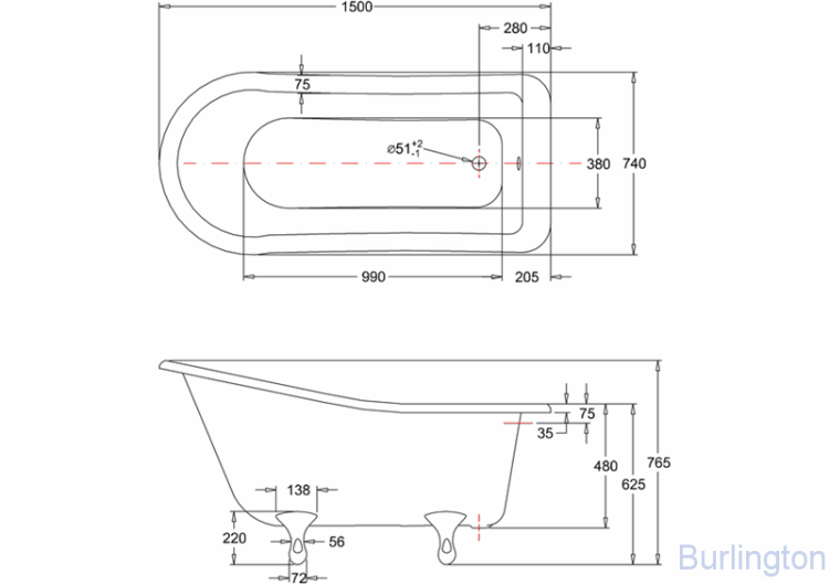 Ванна акриловая Buckingham Slipper E6