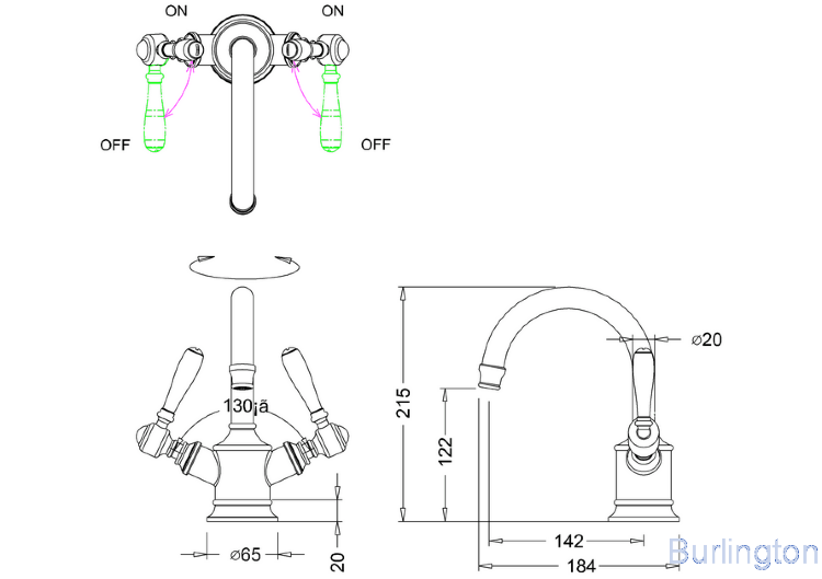 Смеситель для раковины, 1 отв, ручки - леверы белые, никель [ARC14 + ARC65 NKL]