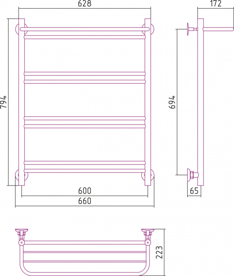 Полотенцесушитель водяной Стилье Версия-Н1 800х600 (Полка+1+2+2+2) П 16 Без покрытия