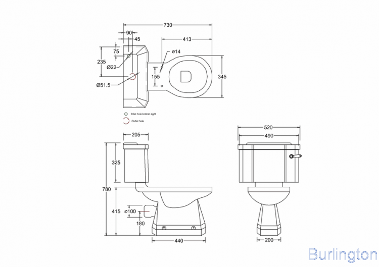 Унитаз-моноблок с черной керамической ручкой слива, бачок 51см