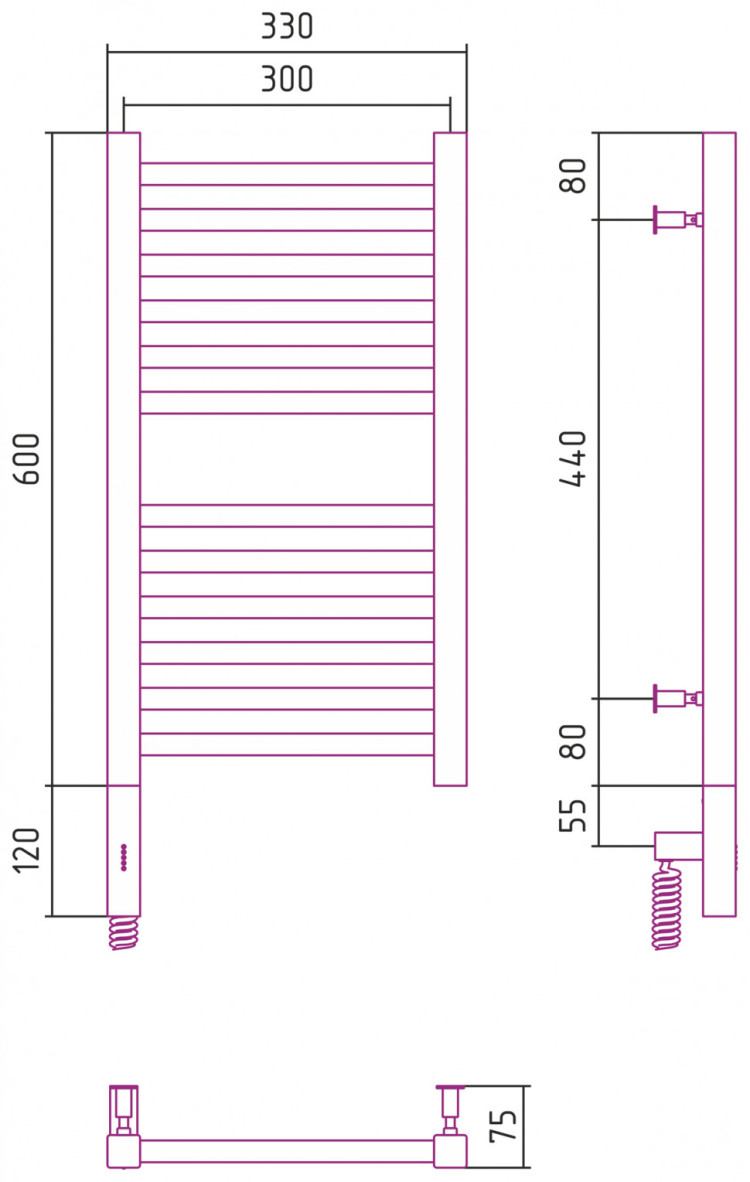 Полотенцесушитель электрический Сунержа Модус 3.0 600x300 МЭМ левый Матовый чёрный