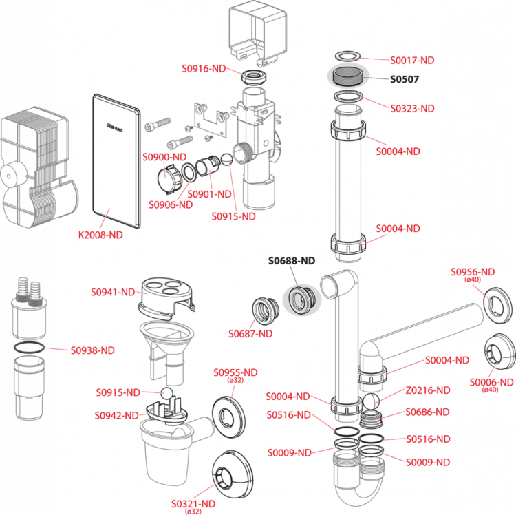 Сифон для сбора конденсата под штукатурку DN40 и DN50, нержавеющая сталь Alcadrain AKS4